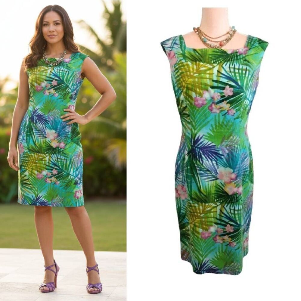 VTG 90s Maggy London Teal Tropical Cotton Linen Mini Sheath Dress SZ 8 Hawaiian